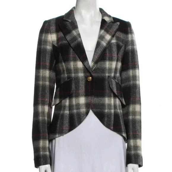 Smythe Patch Pocket Duchess Blazer Wool Jacket 2 XS Black Red Tartan Plaid $895 - Picture 2 of 7